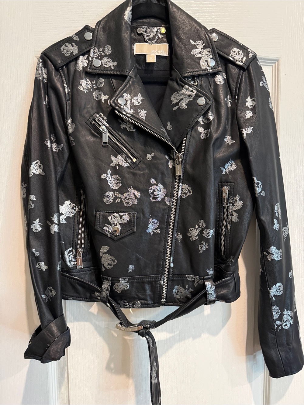 Michael Kors Black Leather Biker Jacket with Silver Floral Print
